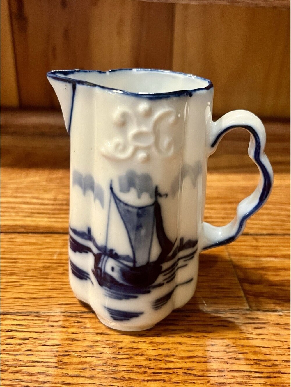 Vtg Porcelain Delft Style Flow Blue Cream Pitcher Sailboat Harbor Lake Scene